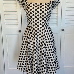 Vintage-Inspired Black Polka Dot Midi Dress in White